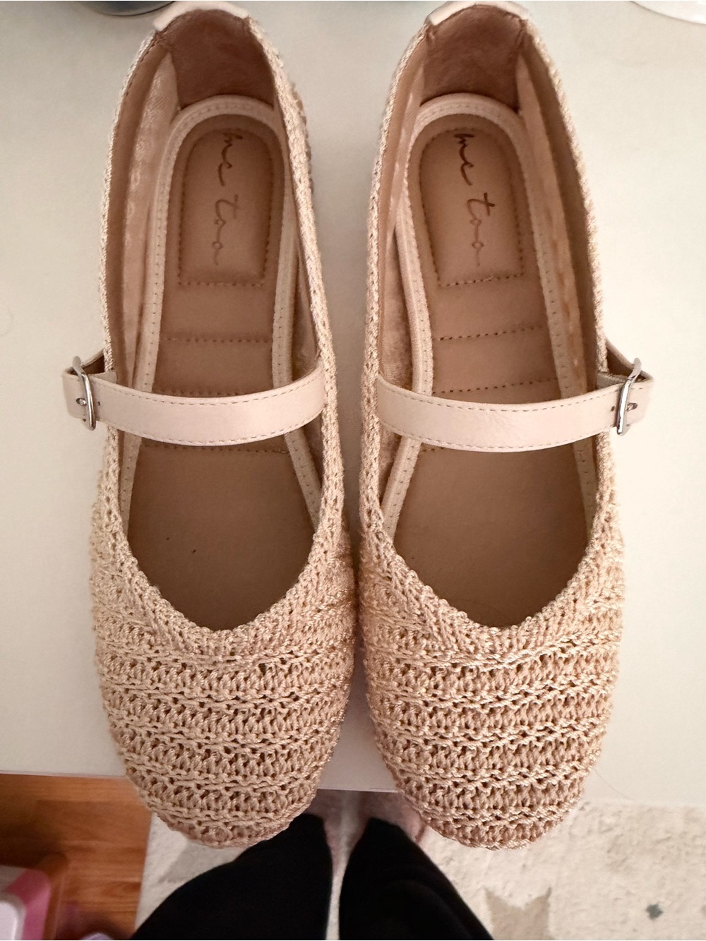 me too Beige Crochet Mary Jane Flats with Strap